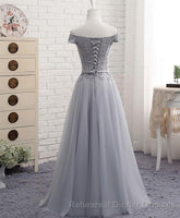 Gray A Line Lace Off Shoulder Semi Formal Prom Dress, Lace Evening Dresses